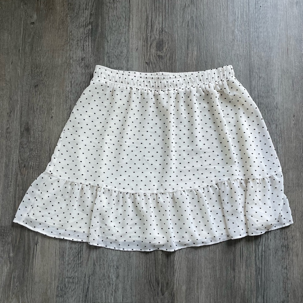 LOFT Women’s Large Petite White A-Line Skirt Black Swiss Polka Dot  Ruffle Short